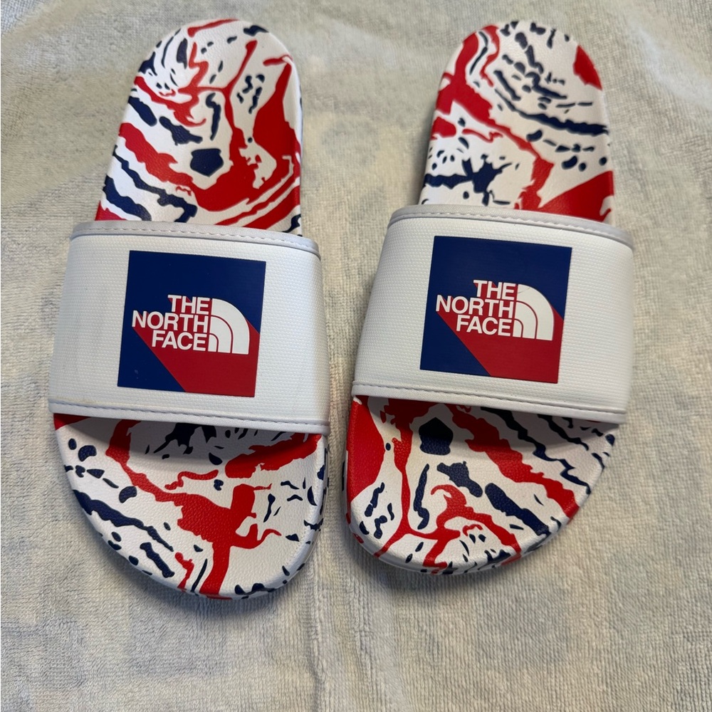 The North Face White Slides with Red & Blue Marble Footbed